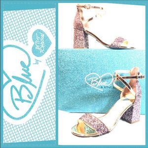 Blue by Betsey Johnson LIBRE BLUSH GUILT Glitter Strappy Block Heels SIZE 8